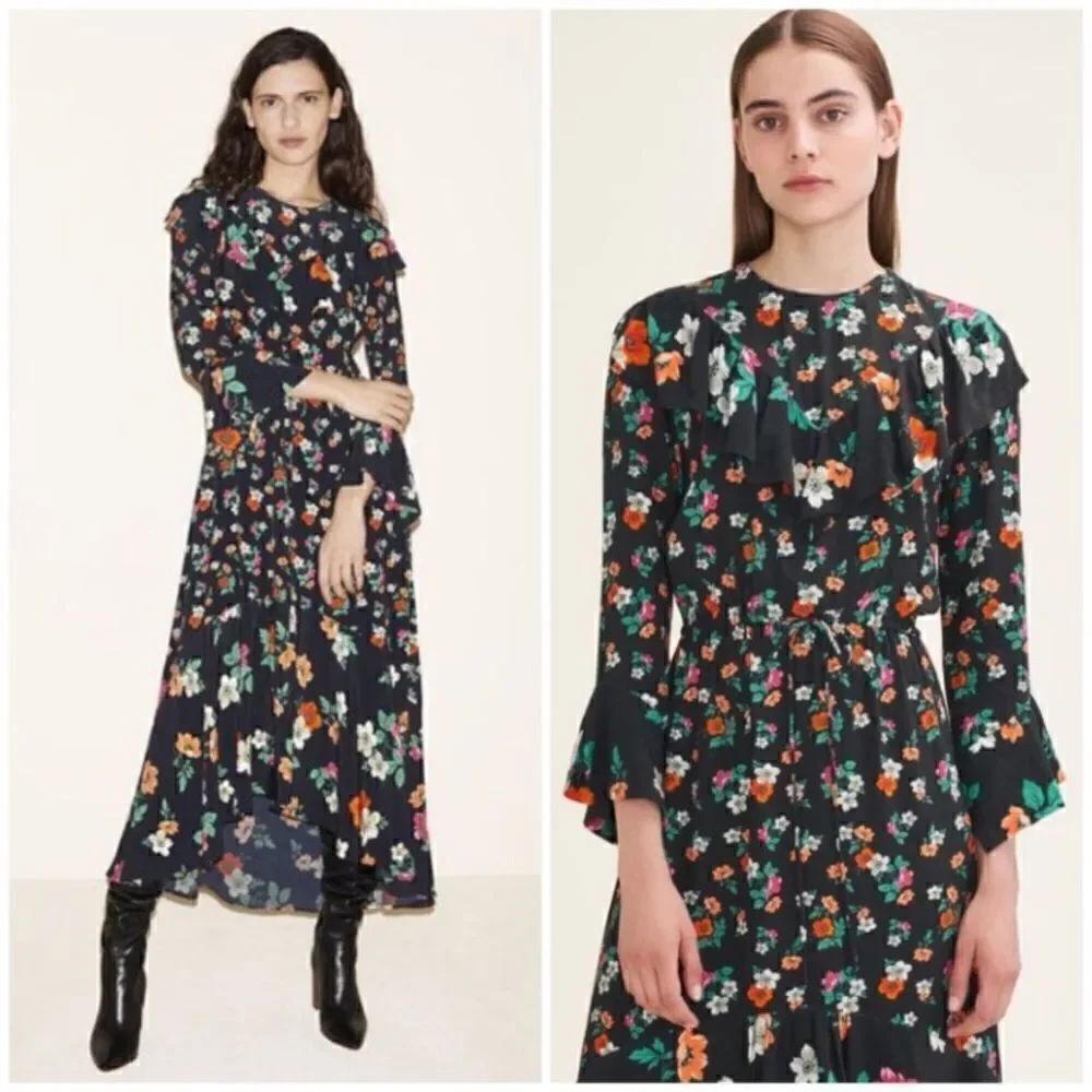 Maje Maxi Black Dress Floral Ruffle Long Sleeve Size S